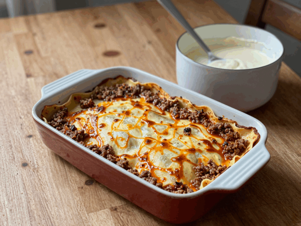 Lasagne wird in der Auflaufform geschichtet, daneben der Topf mit Béchamel