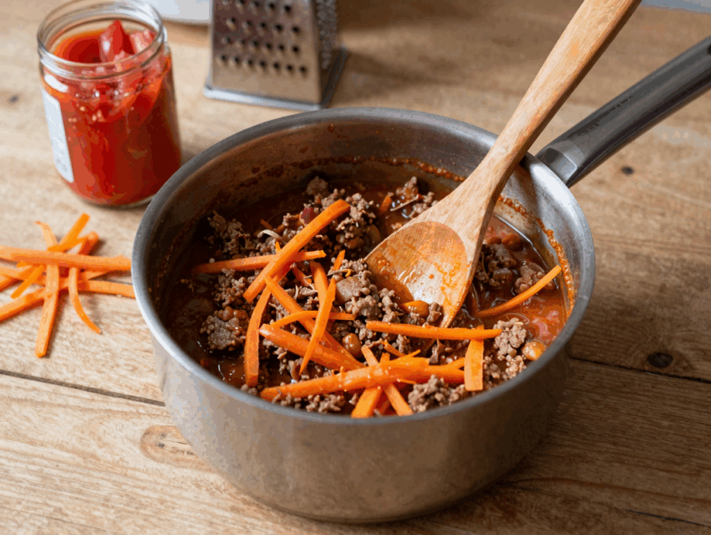 Hackfleischsauce mit geraspelten Möhren im Topf, daneben Dosentomaten
