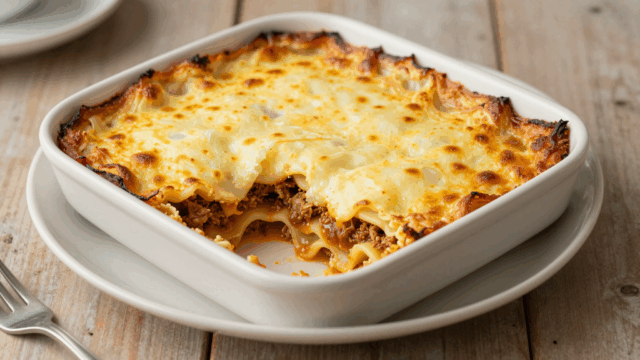 Frisch gebackene Lasagne in der Auflaufform, ein Stück herausgenommen
