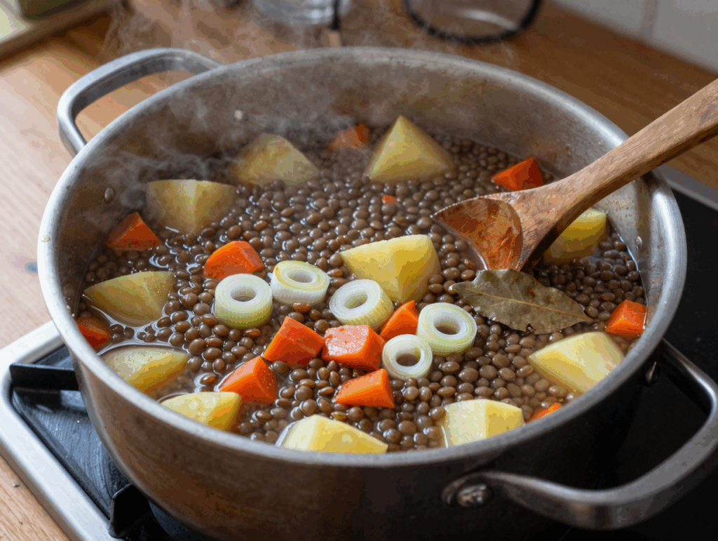 Im großen Topf köcheln Linsen, Kartoffelwürfel und Suppengrün