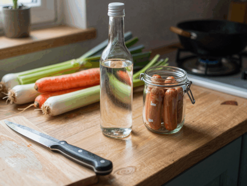 Essigflasche, Wienerwürstchen im Glas und ein Bund Suppengrün auf der Arbeitsfläche