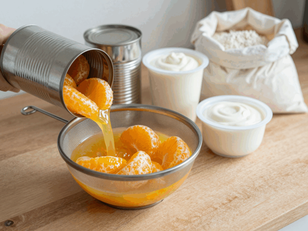 Mandarinen aus der Dose tropfen im Sieb ab, daneben Schmand und Mehl