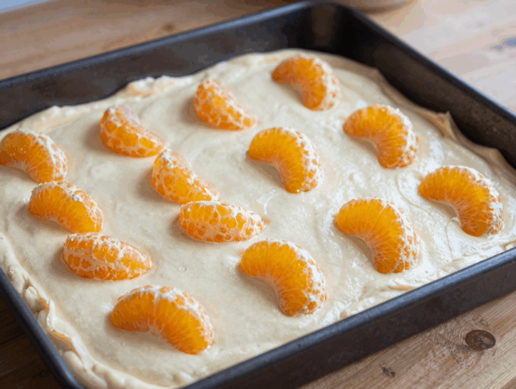 Mandarinenspalten dicht an dicht auf der Schmandschicht vor dem Backen