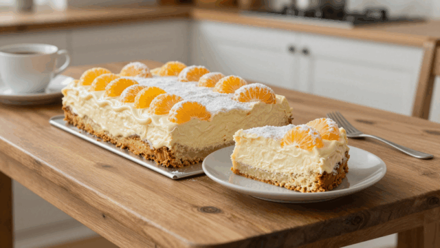 Mandarinen-Schmand-Kuchen vom Blech mit Puderzucker, ein Stück angeschnitten