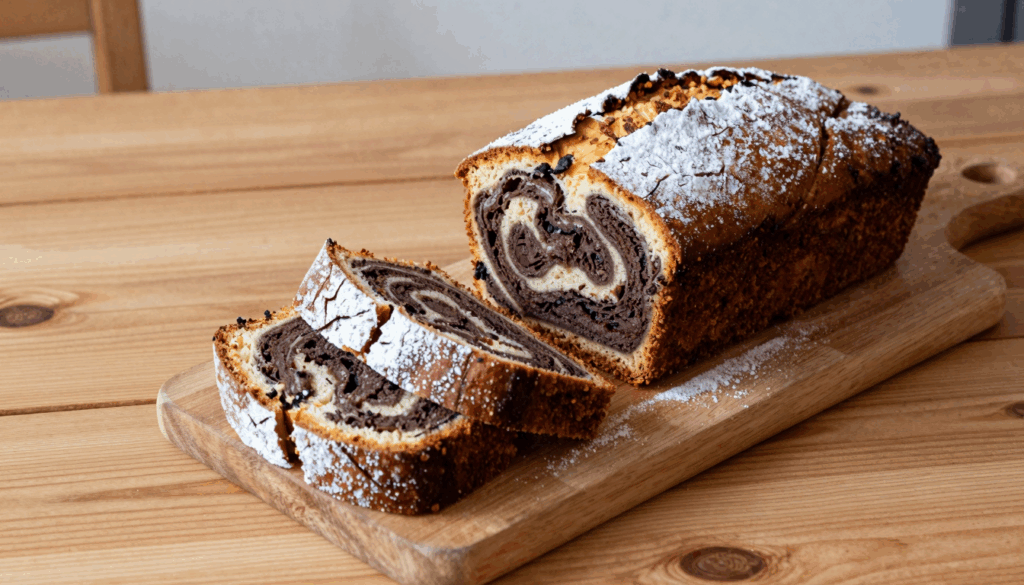 Angeschnittener Marmorkuchen mit sichtbarem Muster auf einem Holzbrett