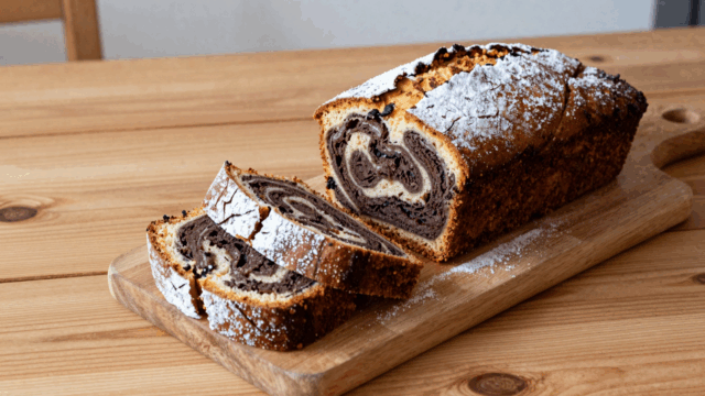 Angeschnittener Marmorkuchen mit sichtbarem Muster auf einem Holzbrett