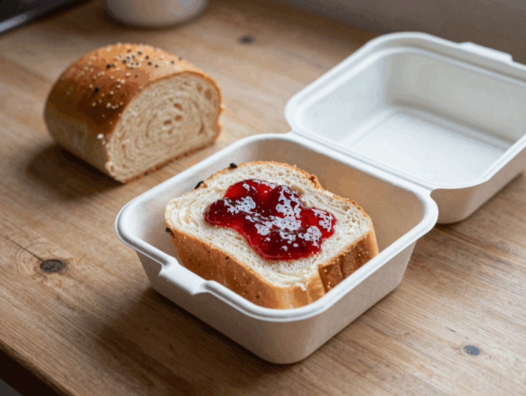 Aufgeschnittenes Milchbrötchen mit Marmelade in der Brotdose
