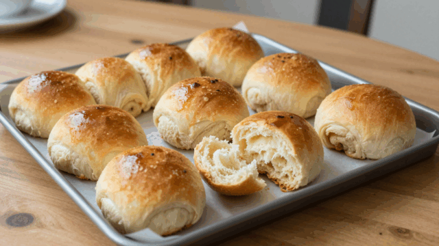 Zwölf goldbraune Milchbrötchen frisch vom Blech