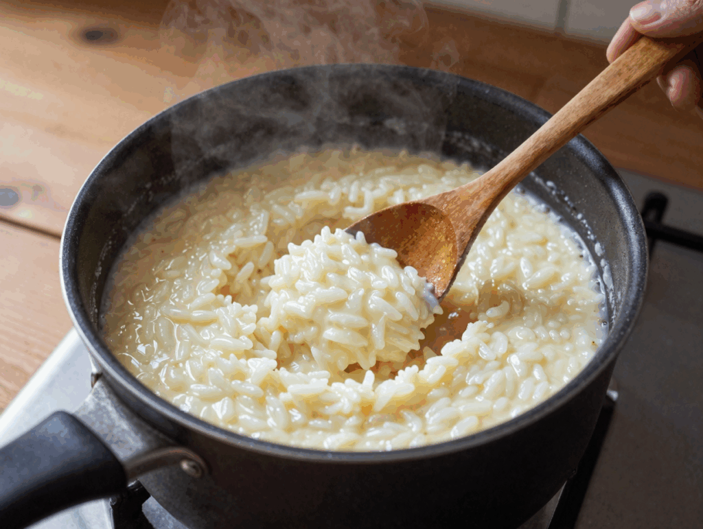 Milchreis im Topf, mit dem Holzlöffel vom Boden hochgerührt
