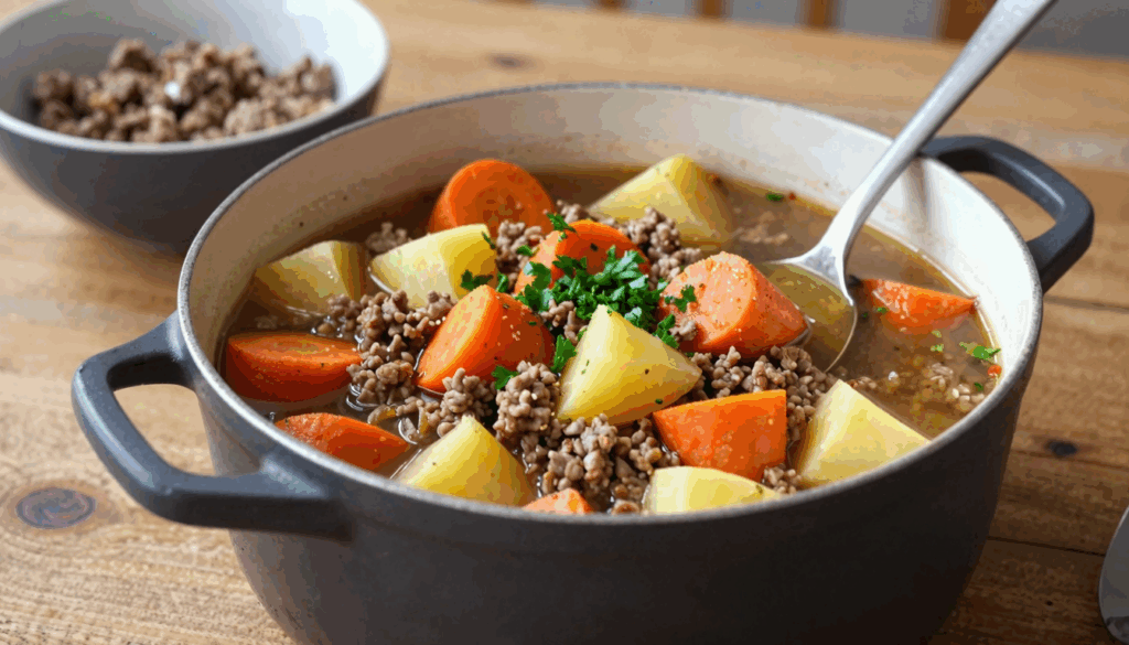 Topf mit Möhreneintopf, dicke Möhrenscheiben, Kartoffelwürfel und krümeliges Hackfleisch in Brühe