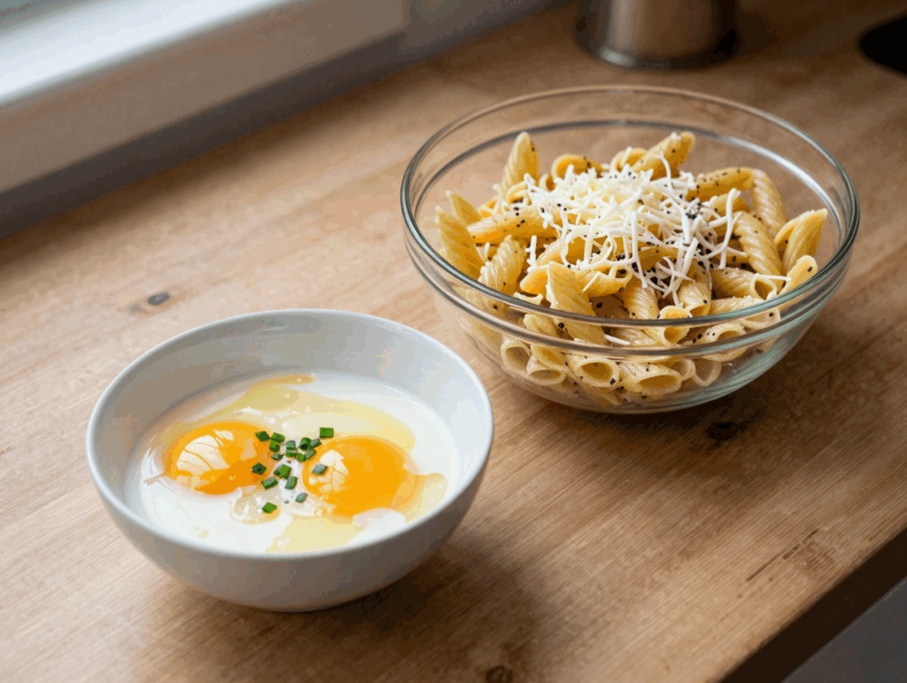 Kalte Nudeln, verquirlte Eier, Käse und Schnittlauch in Schüsseln