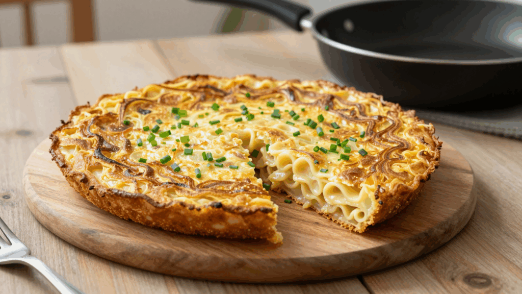 Goldbraune Nudelfrittata auf einem Holzbrett, in Stücke geschnitten