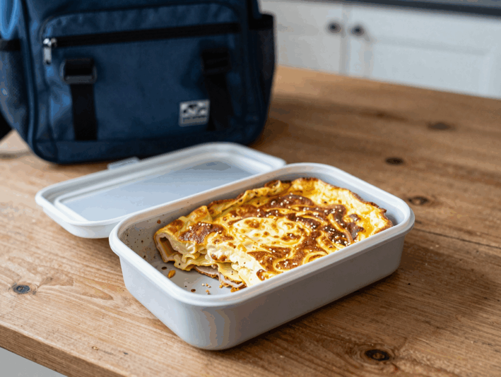 Kalte Streifen Nudelfrittata in einer Brotdose