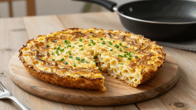 Goldbraune Nudelfrittata auf einem Holzbrett, in Stücke geschnitten