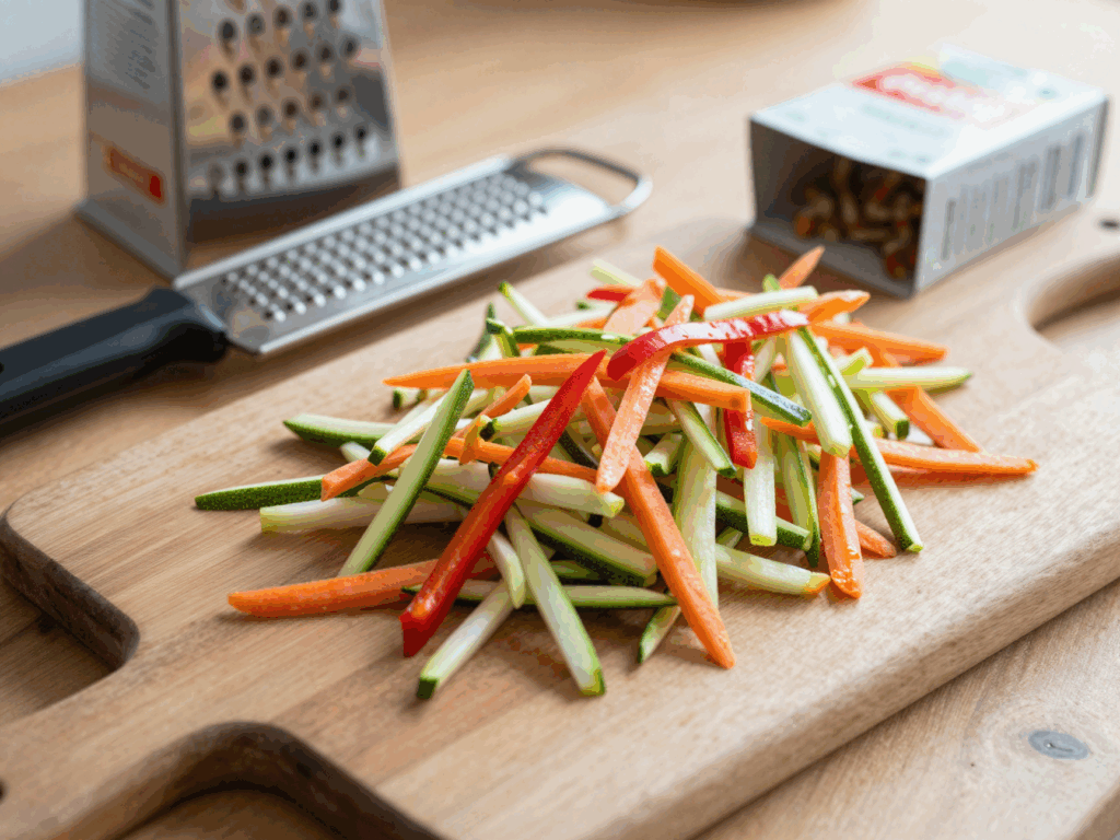 Fein geraspelte Zucchini, Möhre und Paprika neben der Reibe