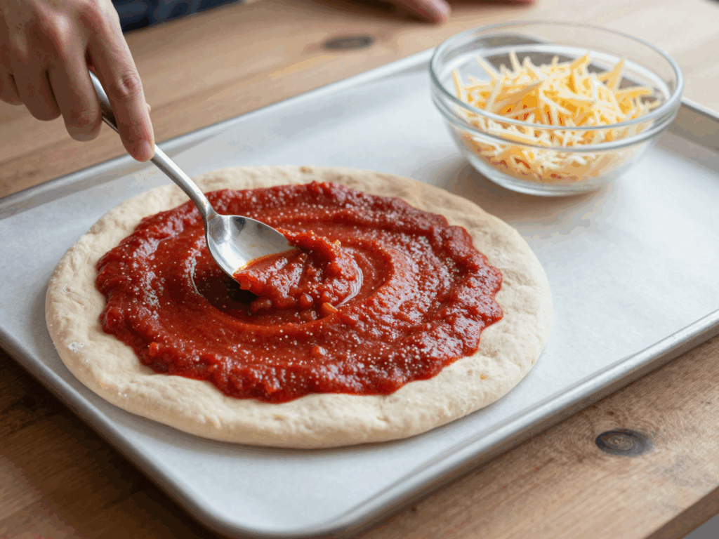 Teig auf dem Blech, darauf wird die Tomatensoße gestrichen