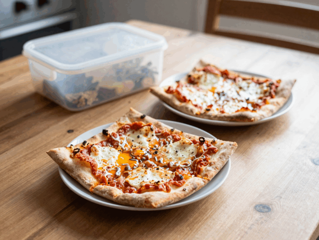 Zwei kalte Pizzastücke neben einer Brotdose