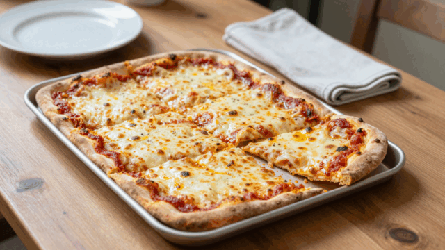 Blechpizza mit goldbraunem Käse, in zwölf Stücke geschnitten