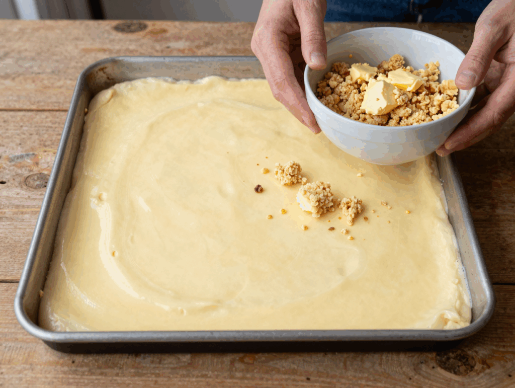 Blech mit Puddingschicht auf dem Hefeteig, daneben die Streusel