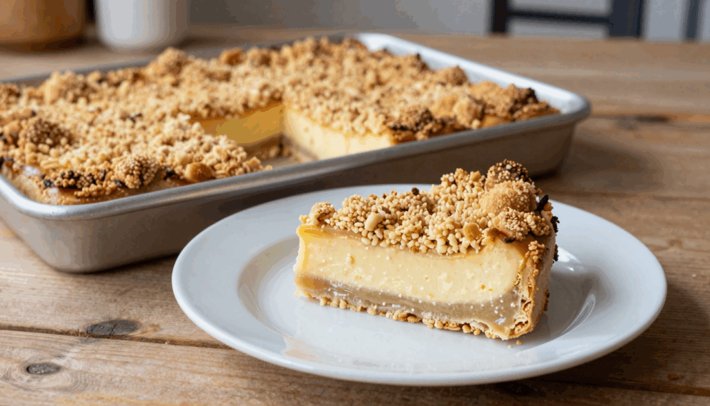 Puddingschnitten mit goldbraunen Streuseln, ein Stück auf einem Teller