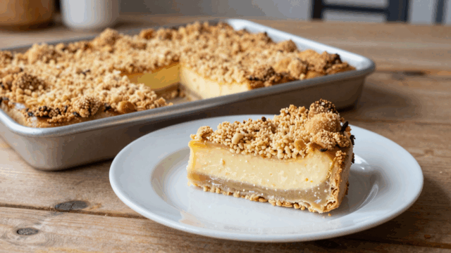 Puddingschnitten mit goldbraunen Streuseln, ein Stück auf einem Teller