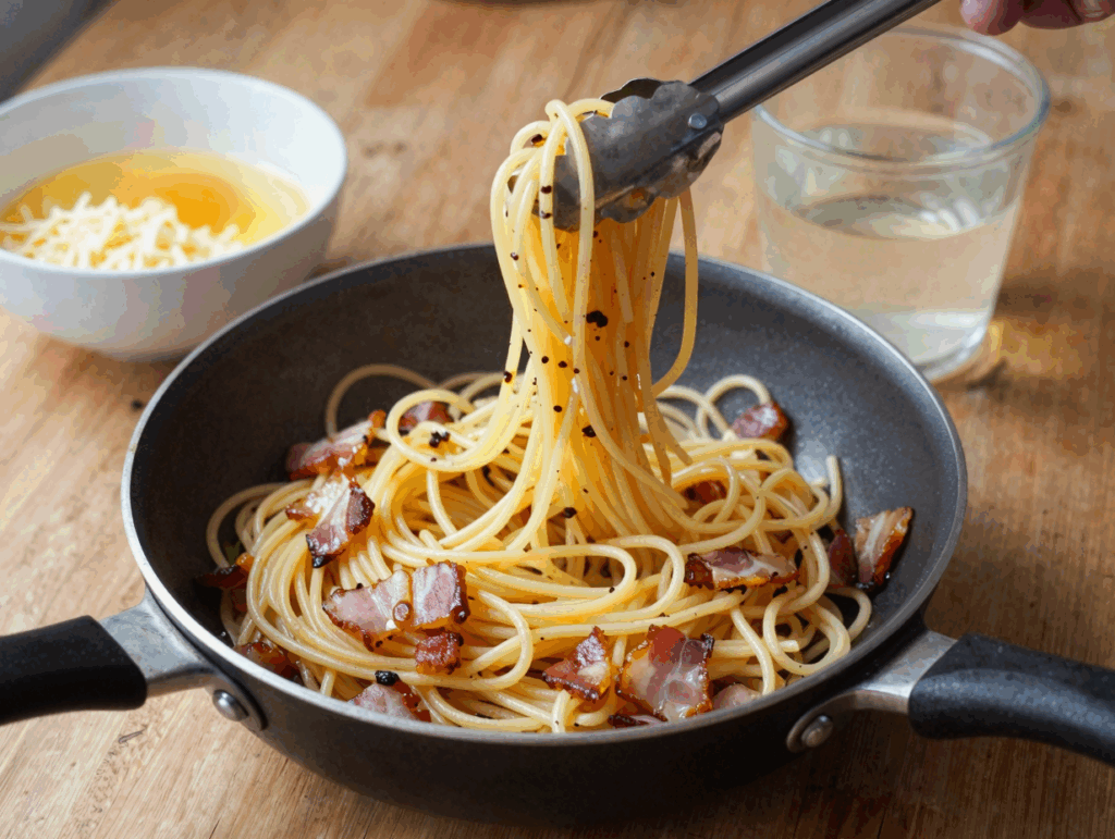 Spaghetti werden in der Pfanne mit Speck und der Ei-Käse-Mischung durchgehoben