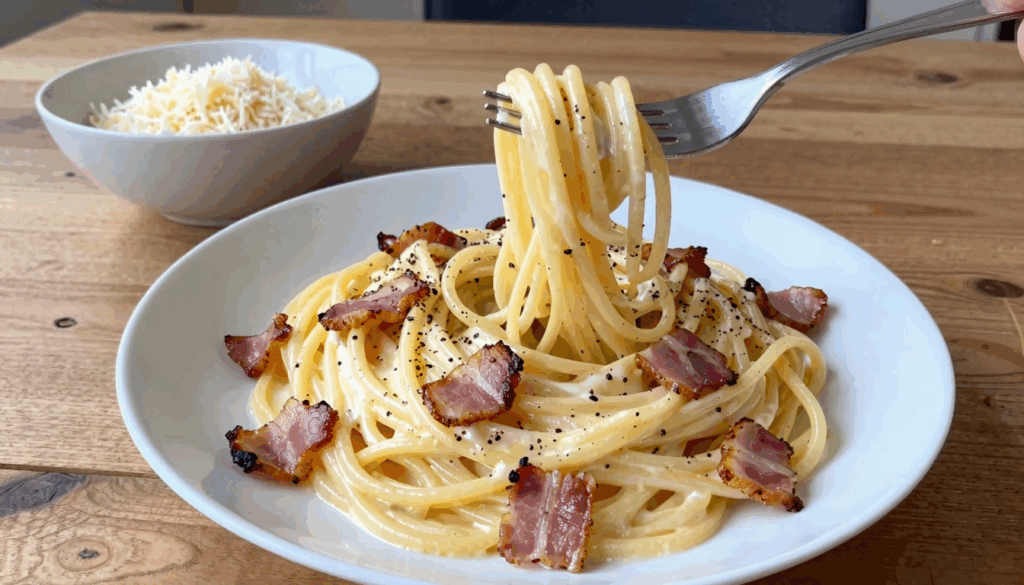 Teller Spaghetti Carbonara mit knusprigen Speckwürfeln und schwarzem Pfeffer