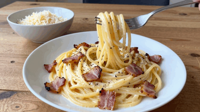 Teller Spaghetti Carbonara mit knusprigen Speckwürfeln und schwarzem Pfeffer