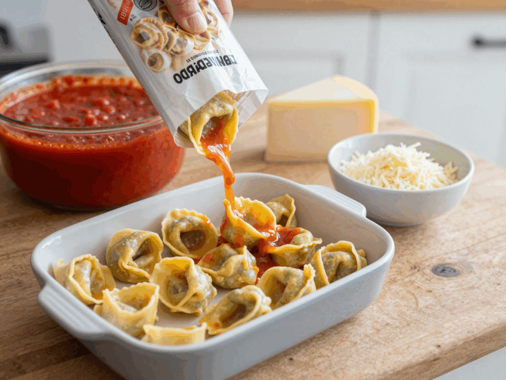 Rohe Tortellini in der Auflaufform, daneben Tomatensoße und Reibekäse