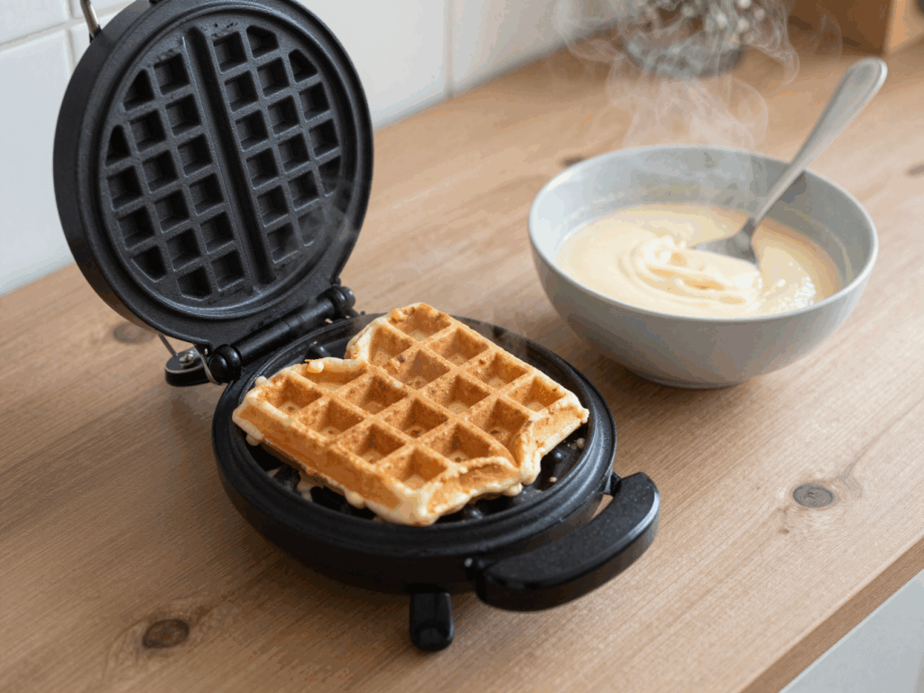 Geöffnetes Waffeleisen mit fertigem Waffelherz, daneben die Teigschüssel