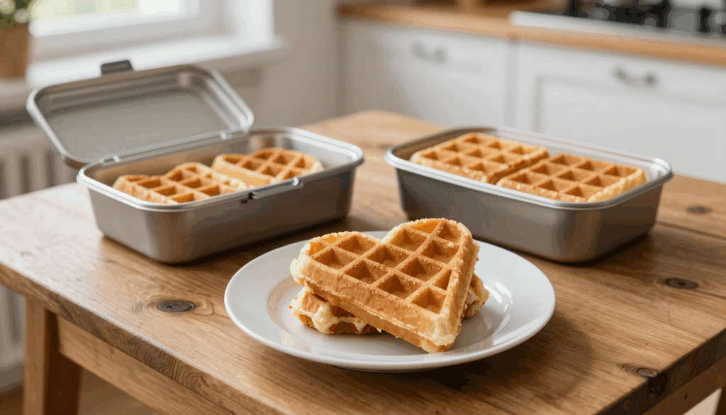 Stapel Waffelherzen auf einem Teller, daneben eine offene Brotdose