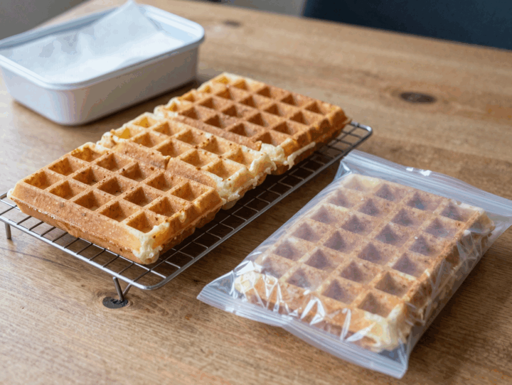 Ausgekühlte Waffeln auf dem Kuchengitter, daneben ein Gefrierbeutel