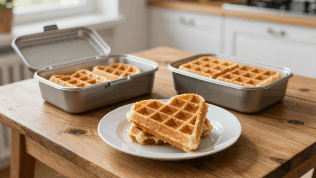 Stapel Waffelherzen auf einem Teller, daneben eine offene Brotdose