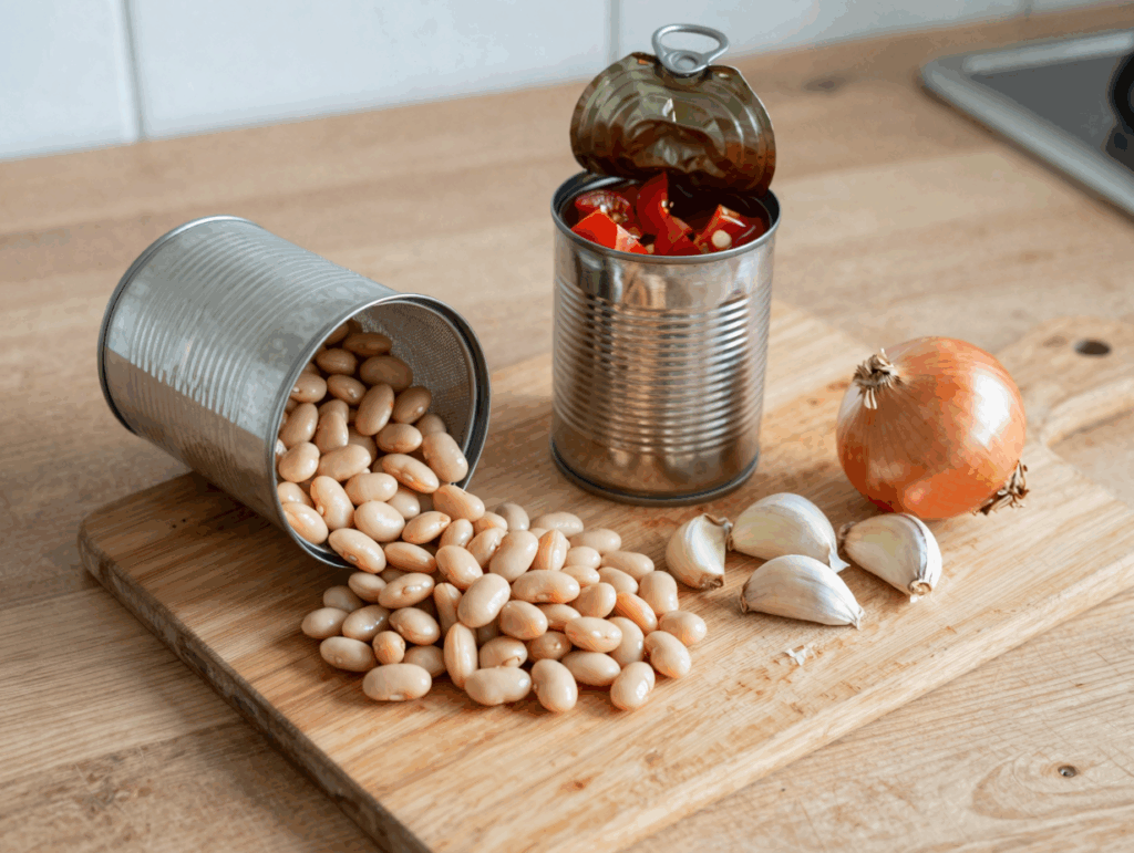 Abgetropfte weiße Bohnen im Sieb, daneben Dosentomaten, Zwiebel und Knoblauch