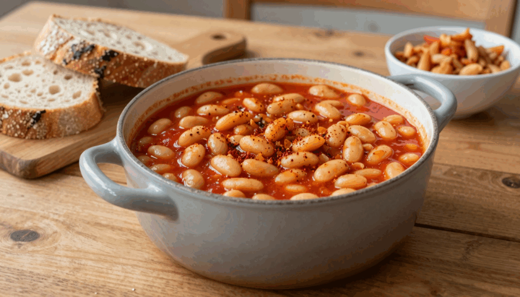 Topf mit weißen Bohnen in Tomatensauce, daneben dicke Scheiben Bauernbrot