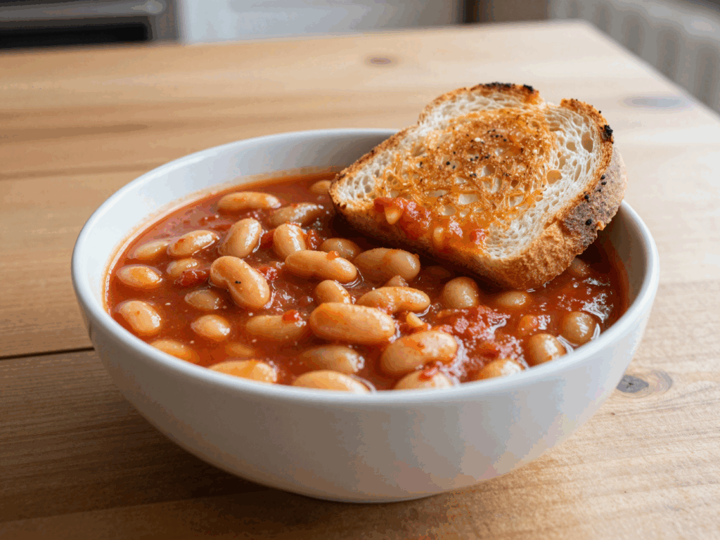 Teller mit Bohnen in Tomatensauce und eingetunktem Brot