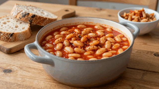 Topf mit weißen Bohnen in Tomatensauce, daneben dicke Scheiben Bauernbrot