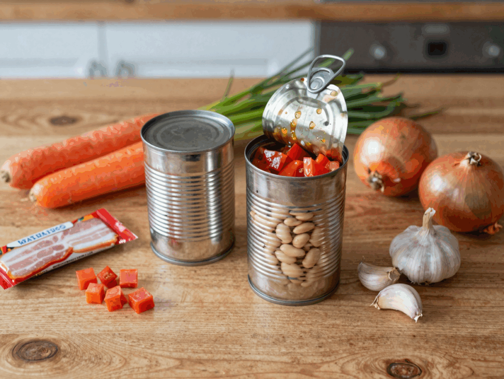 Zutaten für den Bohnentopf: zwei Dosen Bohnen, Dosentomaten, Möhren, Zwiebel, Speck