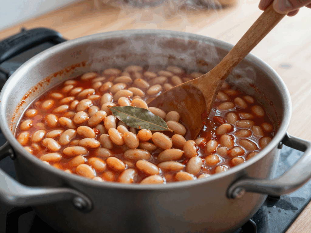 Bohnen köcheln im Topf in dunkelroter Tomatensoße