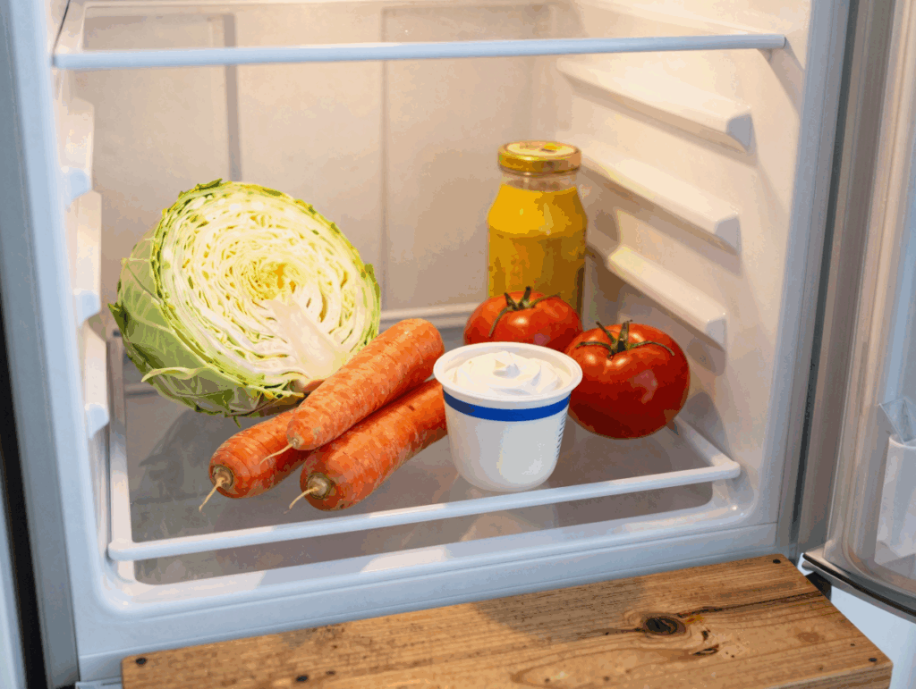 Blick in den Kühlschrank vor der Wochenplanung: halber Weißkohl, drei Möhren, ein angebrochener Becher Schmand und zwei Tomaten
