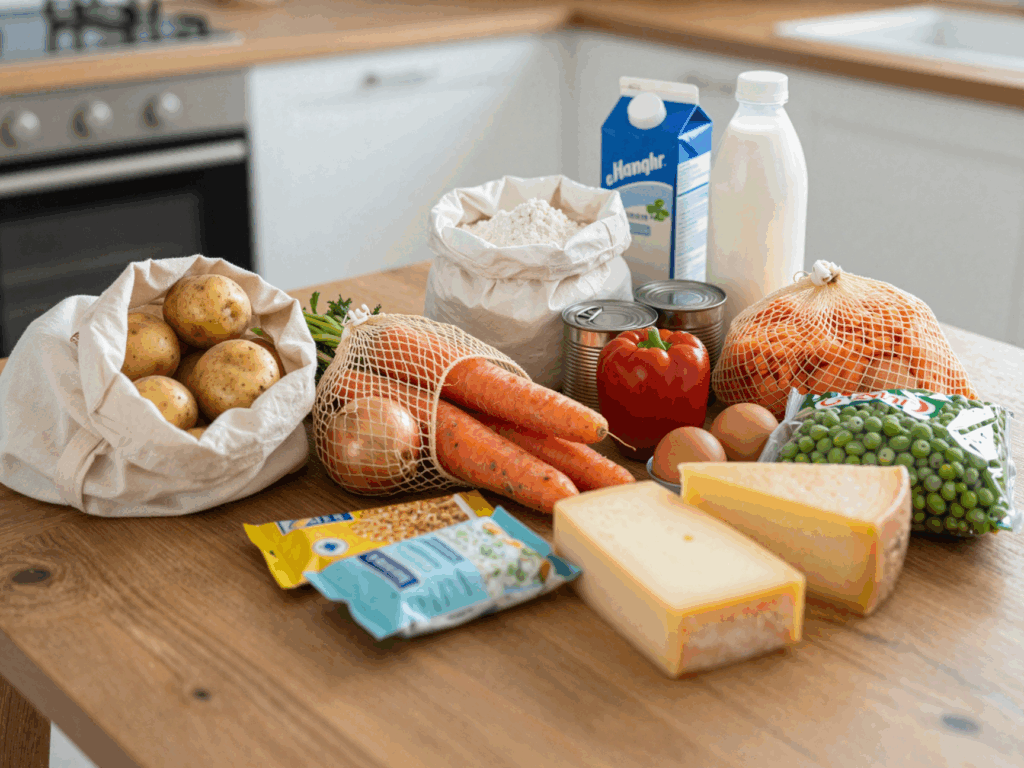 Ausgepackter Montagseinkauf auf der Küchenarbeitsplatte: Kartoffeln, Möhren, Nudeln, Mehl, Dosentomaten, Linsen, Milch, Eier und Butter