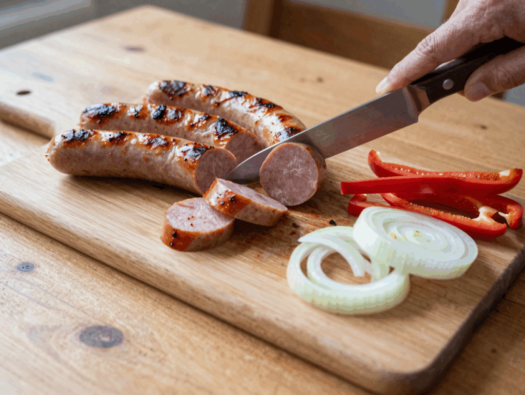 Übrige Grillwürstchen werden in dicke Scheiben geschnitten