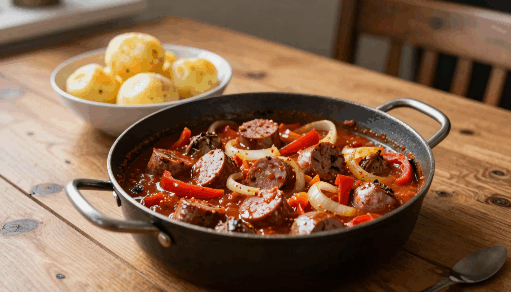 Topf mit Wurstgulasch, daneben eine Schüssel Salzkartoffeln