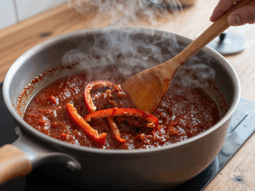 Zwiebeln und Paprika im Topf, Tomatenmark wird eingerührt