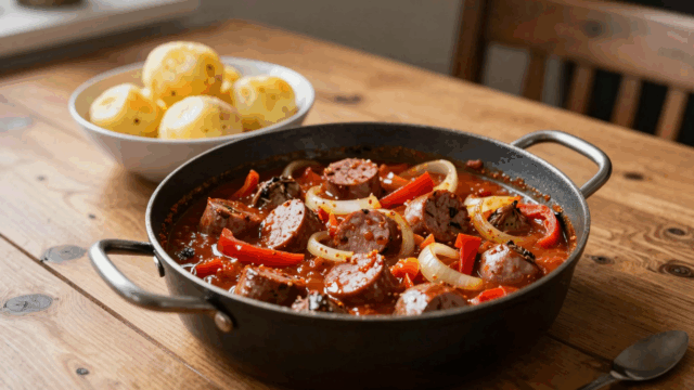 Topf mit Wurstgulasch, daneben eine Schüssel Salzkartoffeln