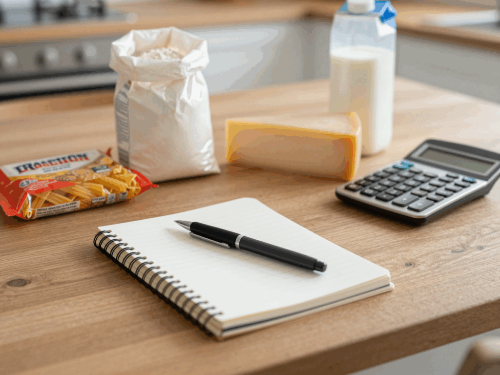 Notizbuch und Taschenrechner auf dem Küchentisch neben Mehl, Nudeln, Käse und Milch