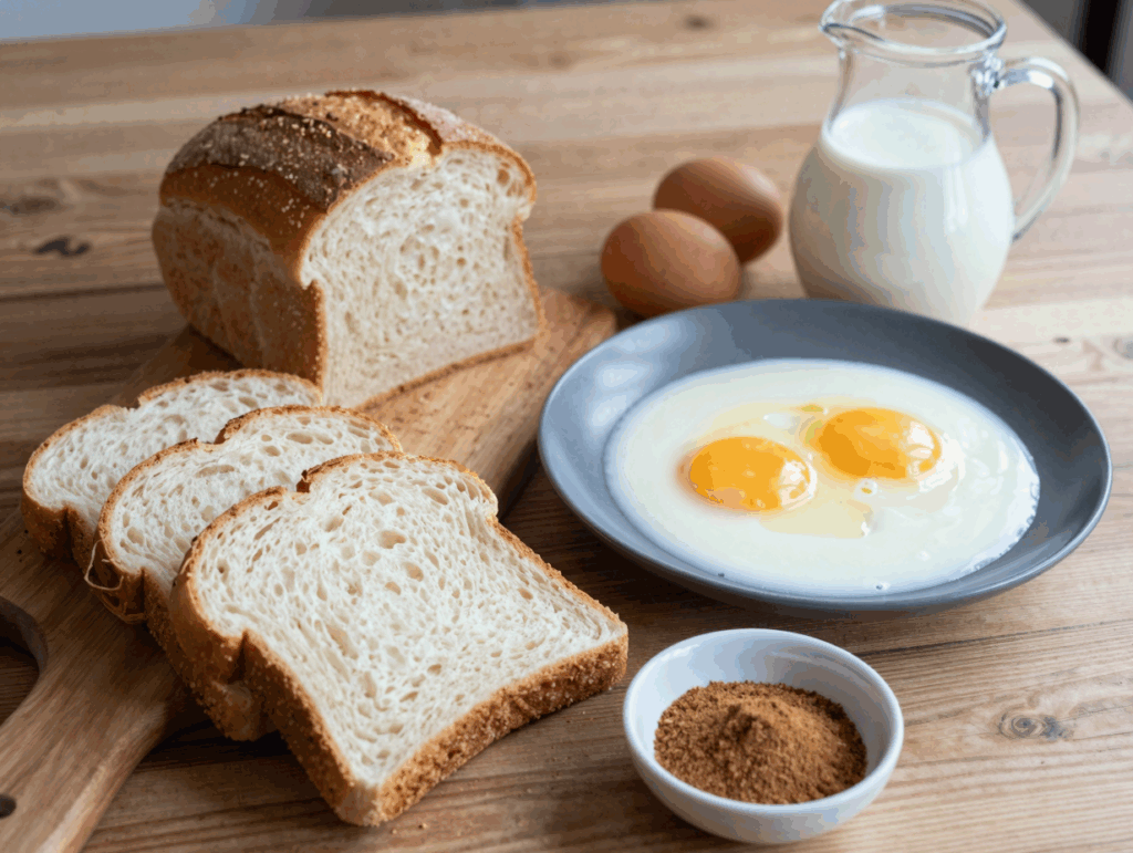 Altbackene Brotscheiben neben einem tiefen Teller mit Milch-Ei-Masse und einer Schale Zimtzucker
