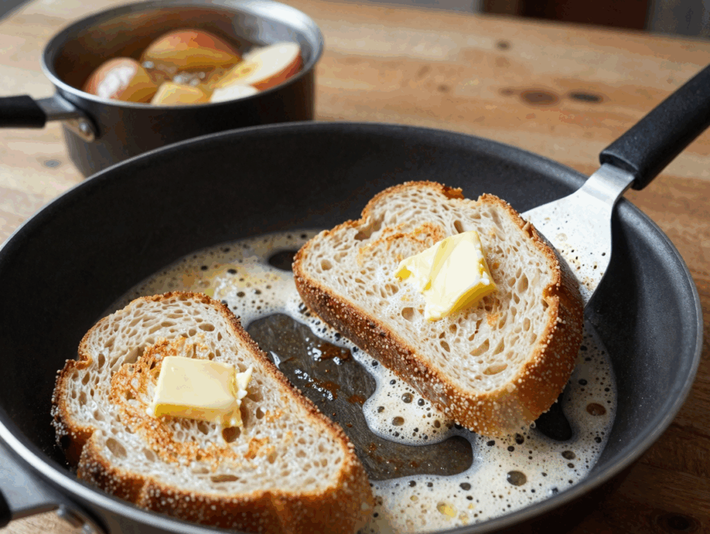 Die eingeweichten Brotscheiben braten goldbraun in Butter in der Pfanne