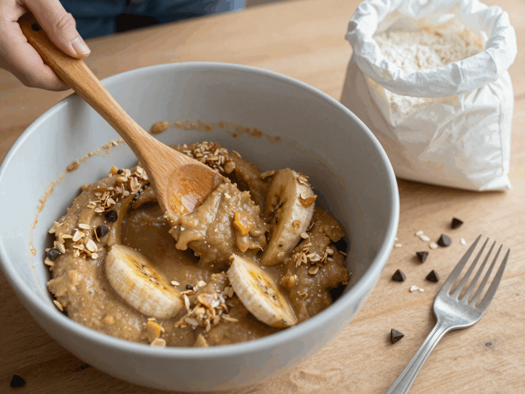 Klumpiger Bananenteig mit Haferflocken und Schokotropfen in der Rührschüssel