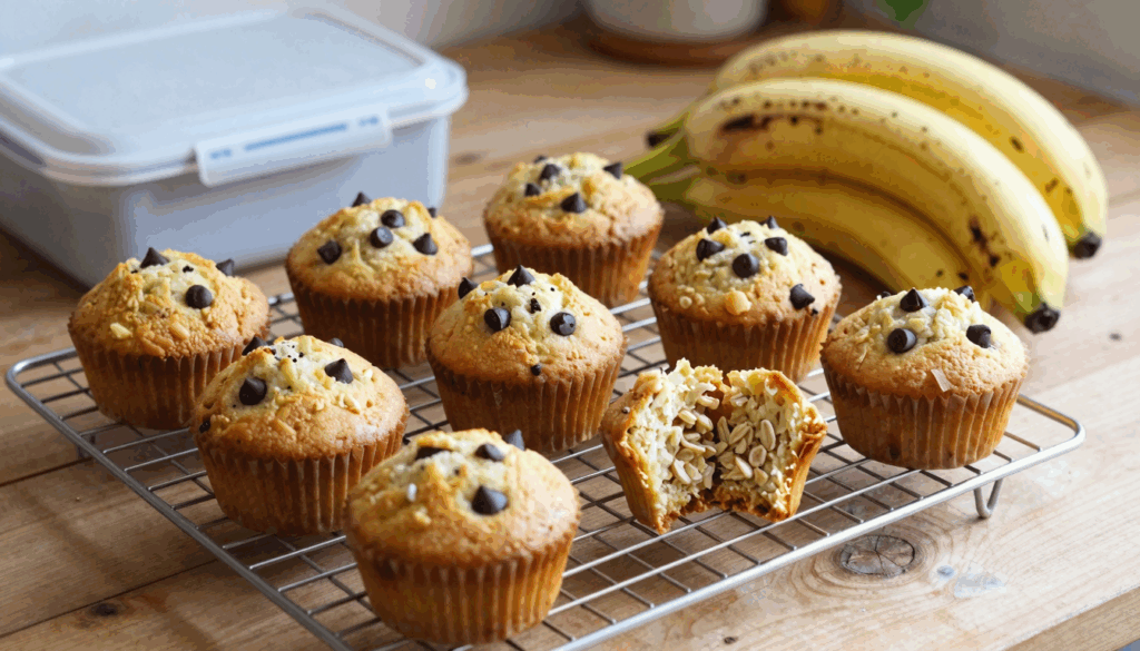 Bananenmuffins mit Schokotropfen auf dem Kuchengitter, einer aufgebrochen